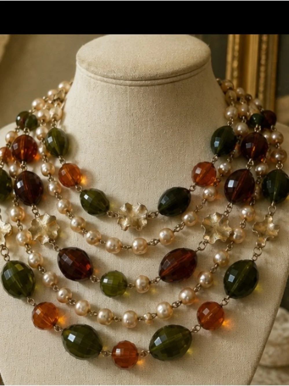 Vintage Multi Strand Freshwater Pearl & Faceted Glass Statement Necklace 16”